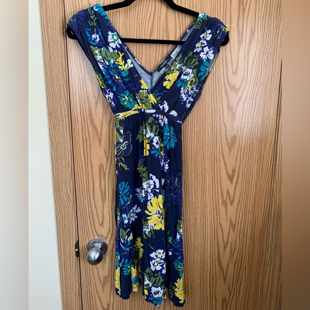 🍉George dress, v-neck, XS, navy with, floral print, yellow, turquoise, white EUC